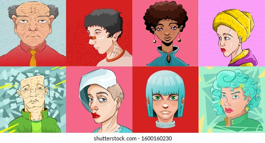 Set of different stylized portraits. Vector stock file.