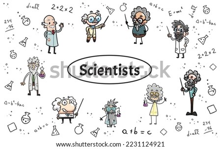 A set of different stylized scientists, hand drawn