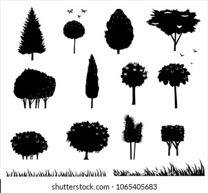 Set of different stylized silhouettes of trees on a white background.