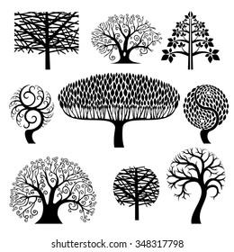  Set of different stylized silhouettes of trees on a white background.