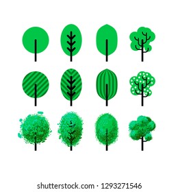 Set of different stylized trees on white background. Simple icons.