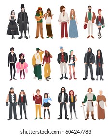 Set of different subculture. Couple rapper, hipster, punk, rocker, hippie, goth, emo, historical reenactors, metalhead, biker, rastaman. Girl and guy in flat style illustration collection.