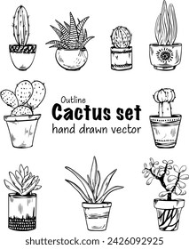 Set of different succulents in outline style, black lineart isolated on white background