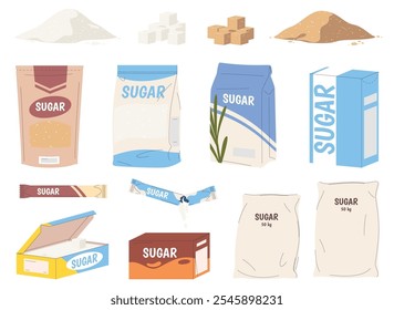 Um conjunto de açúcares diferentes. Embalando açúcar em caixas, pacotes, sacos. Um delicioso produto doce. Edulcoração de pratos e bebidas. Ilustração vetorial