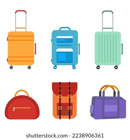 A set of different suitcases, bags for things to travel with different sizes and colors