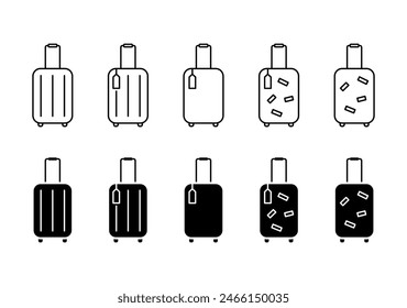 Conjunto de diferentes maletas iconos Ilustraciones vectoriales aisladas sobre fondo blanco. Iconos con contorno de equipaje y siluetas negras. Icono de concepto de viaje