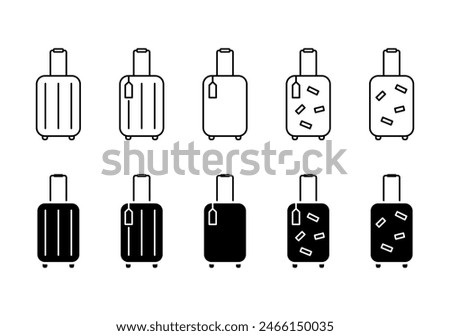 Set of different suitcases icons vector illustrations isolated on white background. Luggage baggage outline icons and black silhouettes. Travel concept icon sheet