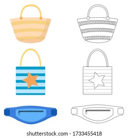 Set of different summer bags, shopping tote bag, straw bag, bum bag. Summer bags vector illustration on white background