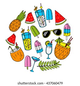 Set of different summer cocktails and ice cream. Vector illustration