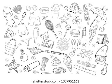 Set of different summer doodle elemnts isolated on white background. Summer hand drawn collection.