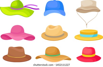 Set of different summer hats. Vector illustration on white background.