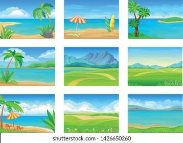 Set of different summer landscapes. Vector illustration on white background.