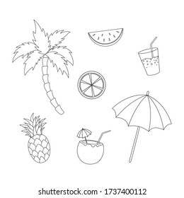 Set of different summer objects isolated on white background. Summer collection. Linear sketch for coloring booking page. Vector illustration