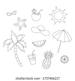 Set of different summer objects isolated on white background. Summer collection. Linear sketch for coloring booking page. Vector illustration