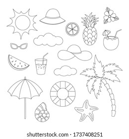 Set of different summer objects isolated on white background. Summer collection. Linear sketch for coloring booking page. Vector illustration