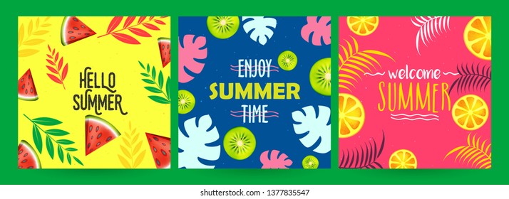 Set of different Summer poster or template design with summer fruits and leaves illustration.