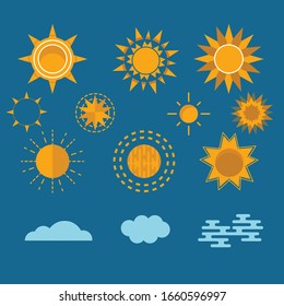 Set of the different sun and clouds on blue sky background. 