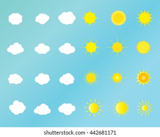 Set of the different sun and clouds on blue sky background. Sun icon and cloud icon, set icons, sun pattern, sun symbol and cloud symbol, clouds logo vector for Art, Print, Web design. Vector