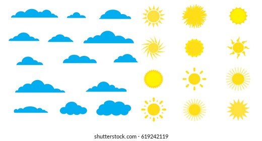 Set of the different sun and clouds on blue sky background. Sun icon and cloud icon, set icons, sun pattern, sun symbol and cloud symbol, clouds logo vector for Art, Print, Web design. Vector