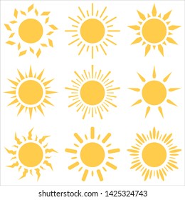 Set of different sun icons. Vector illustration.