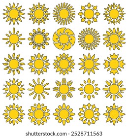 Set of different sun vector illustration, solid yellow different sun vector in lineal color style isolated on a white background
