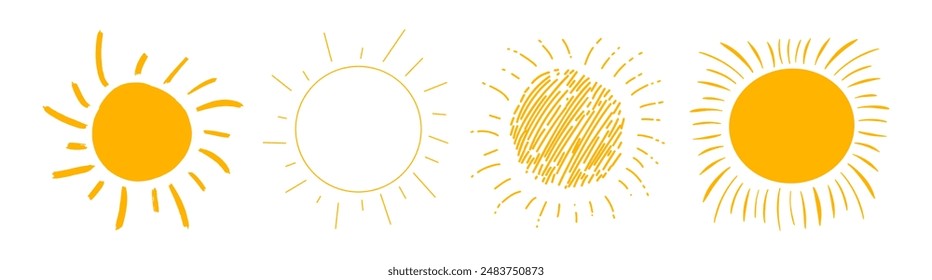 Set of different suns icons. Solar symbols on isolated background. Sunset vector collection. 