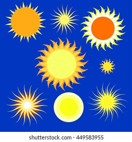 set of different suns illustrations. Various sun on a blue background. Vector illustration.