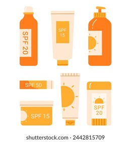 Set of different sunscreen cosmetic: lotion, cream, spray. lipstick. Sunblock product collection. Skin care, hydration and sun protection concept. Isolated vector illustration in cartoon style 