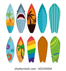 Set of different surfboards on a white background