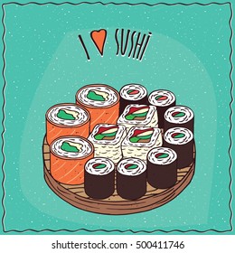 Set of different sushi rolls Maki or Makizushi type, on flat wooden plate. Cyan background and lettering I love sushi. Handmade cartoon style. Vector illustration