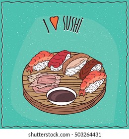 Set of different sushi rolls Nigiri or Nigirizushi type, on flat wooden plate with ginger and soy sauce. Lettering I love sushi. Handmade cartoon style. Vector illustration