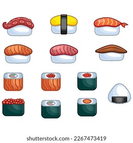 Set of different sushi sashimi. Different style of sushi japanese food. Icon set illustration. Flat design cartoon vector illustration collection. Isolated on white background