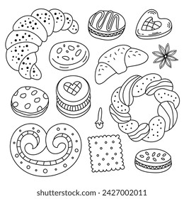 Set of different sweet. Croissant, macarons, biscuits. Hand drawn line art outline doodle vector illustration.