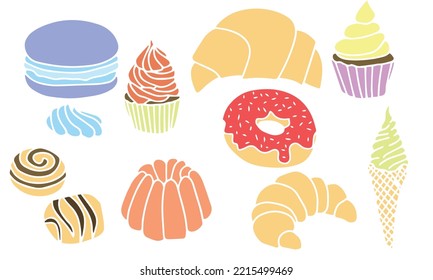 Set Of Different Sweet Deserts.  Donut, Cupcake, Muffin, Candy, Pudding, Croissant, Ice Cream, Macarons.