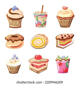 Set of different sweet desserts and cupcakes. Vector