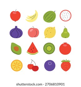 Conjunto com diferentes frutas doces em design simples e plano. Ilustração isolada de vetor desenhada à mão