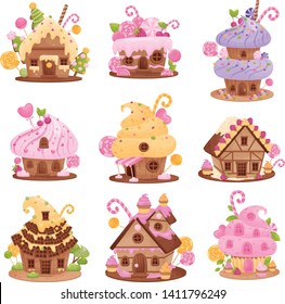 Set of different sweet houses. Vector illustration on white background.