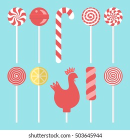 Set different sweet lollipops on blue background. Flat design. Vector illustration. EPS 8, no transparency