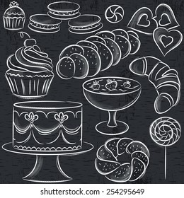 set of different sweetmeats on blackboard, vector
