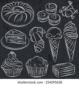 set of different sweetmeats on blackboard, vector