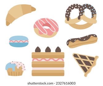 Set of different sweets. Delicious pastries in flat style.