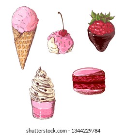 A set of different sweets: ice cream, dessert, strawberries in chocolate and macaroon. In doodle style.