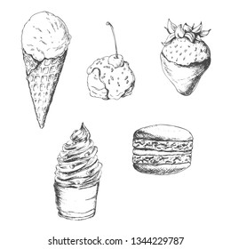 A set of different sweets: ice cream, dessert, strawberries in chocolate and macaroon. In doodle style.