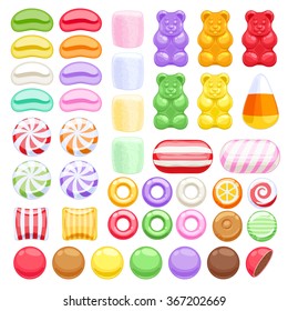 Set of different sweets on white background - marshmallow gummy bears hard candies dragee jelly beans peppermint candy. Vector illustration.