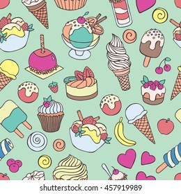 Set of different sweets. Seamless doodle pattern with ice cream, desserts, fruit cakes. Hand drawn vector illustration. Colored Wallpaper. Packing for a gift, banner, card