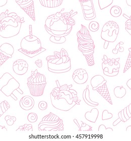 Set of different sweets. Seamless doodle pattern with ice cream, desserts, fruit cakes. Hand drawn vector illustration. White and pink wallpaper. Packing for a gift, banner, card