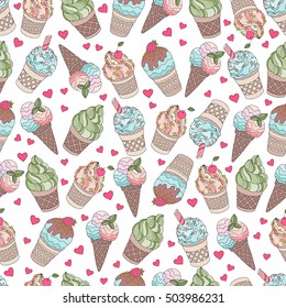 Set of different sweets. Seamless doodle pattern with ice cream, desserts, fruit cakes. Hand drawn vector illustration. Colored Wallpaper. Packing for a gift, banner, card