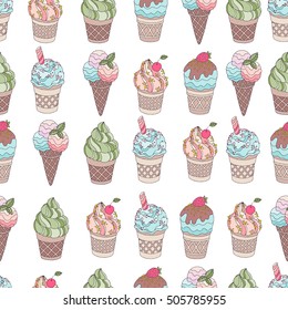 Set of different sweets. Seamless doodle pattern with ice cream, desserts, fruit cakes. Hand drawn vector illustration. Colored Wallpaper. Packing for a gift, banner, card