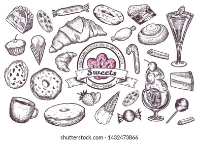 Set of different sweets, such like a cupcake, ice cream, donuts, etc. Hand-drawn vector illustration.