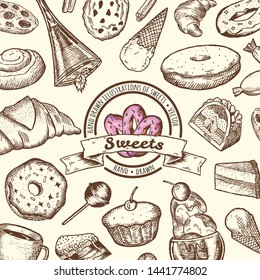 Set of different sweets, such like a cupcake, ice cream, donuts, etc. Hand-drawn vector illustration.